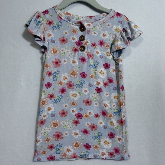 Posh Peanut Carissa Purple Floral Ruffle Sleeve Bamboo Henley T-Shirt Girl's 5T - Picture 1 of 7